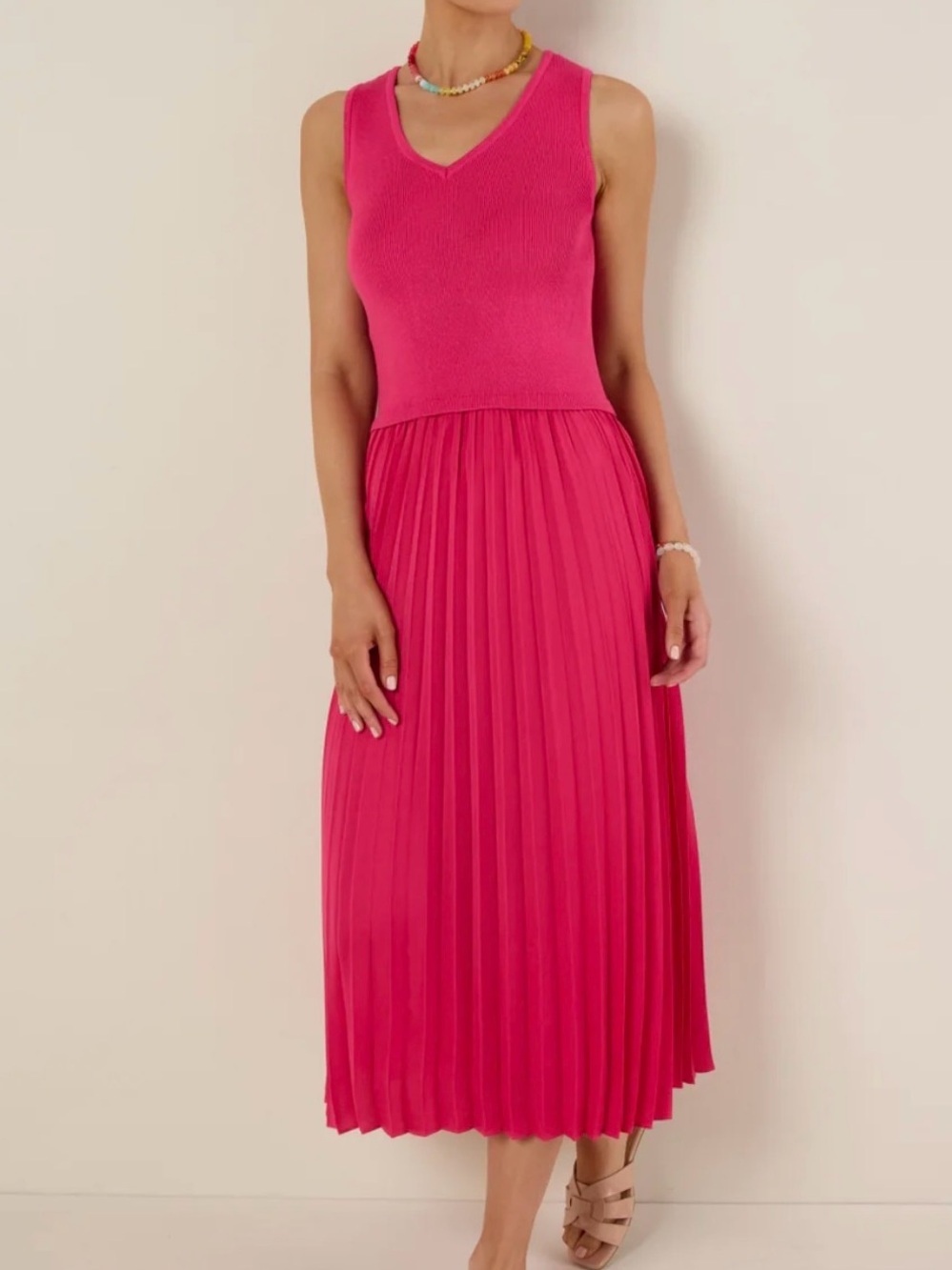 AVARA Madeline Sleeveless V-Neck Pleated Midi Dress in Hot Pink